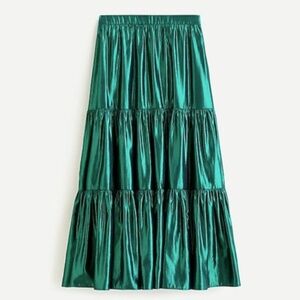 JCREW WOMENS TIERED MAXI SKIRT METALLIC HOLIDAY SIZE SMALL DARK SPRUCE GREEN